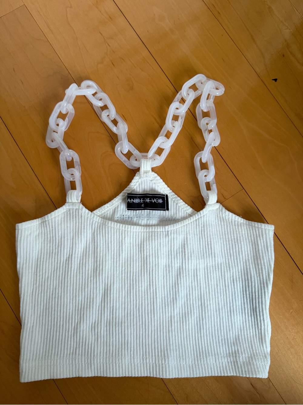 Maniere De Voir Cream Ribbed Crop Cami with Clear Chain Straps